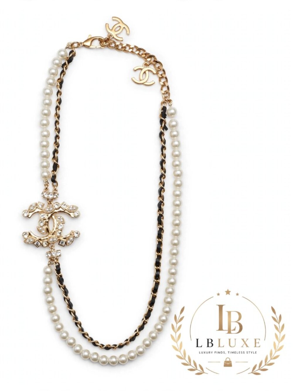 Chanel Pearl CC Crystal Pendant Long Necklace B23 Gold Chain Leather 2023